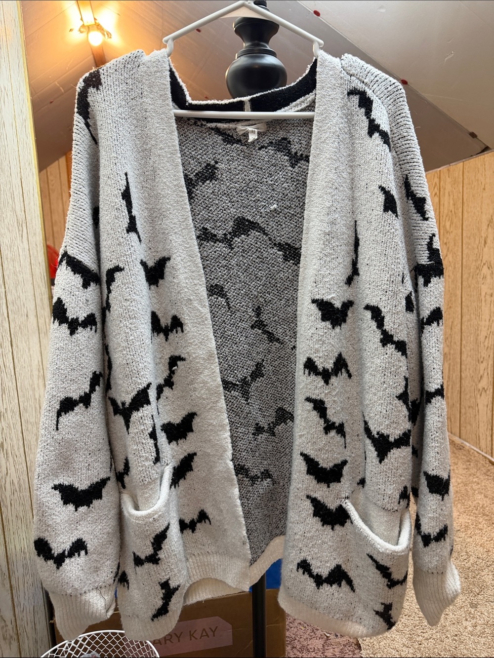 Maurices Cream and Black Bat Print Open-Front Cardigan